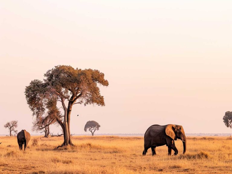 Elephants graze on the flood plains of the Chobe River