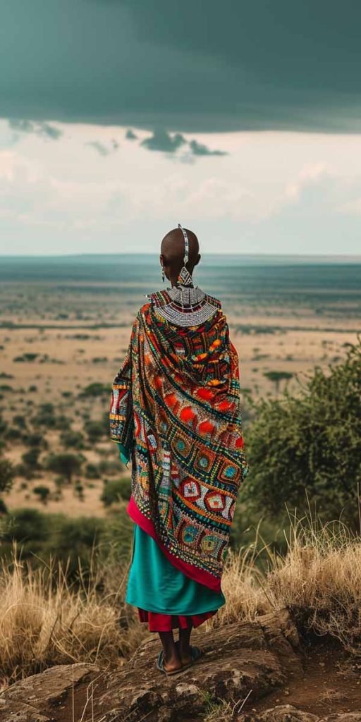 A Maasai tribeswoman surveys the Kenyan savannah