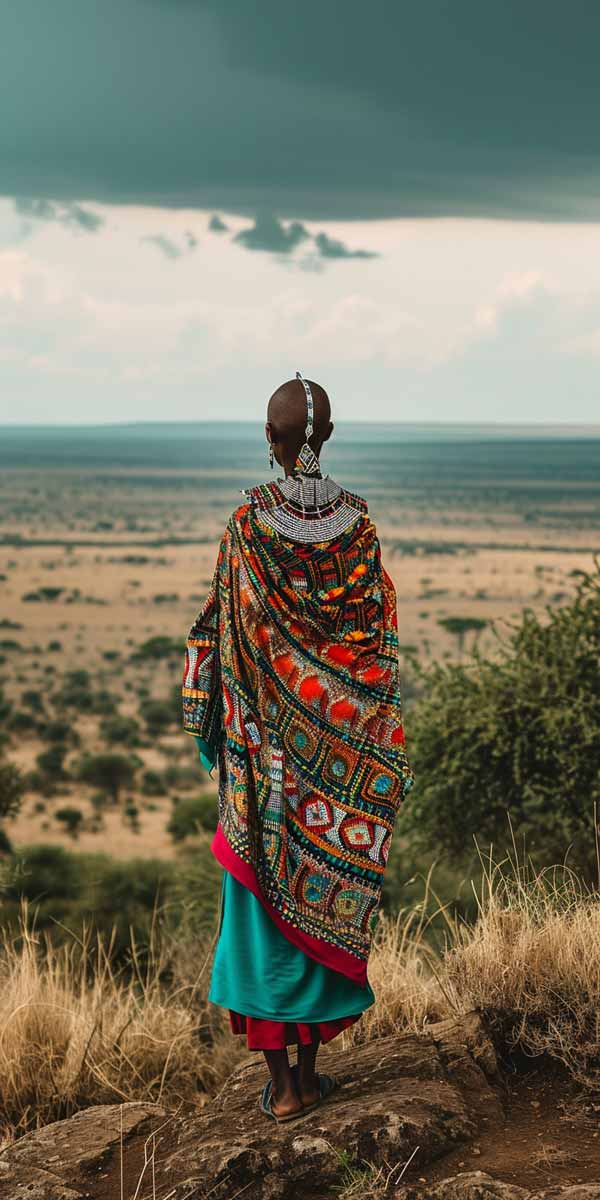 A Maasai tribeswoman surveys the Kenyan savannah