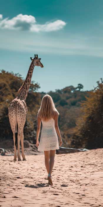 Walking towards a giraffe in Zimbabwe National Park