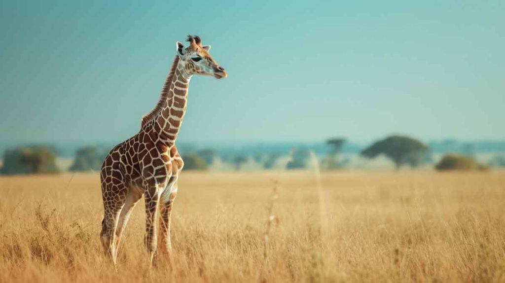 A baby giraffe stands alone in the savannah of Botswana