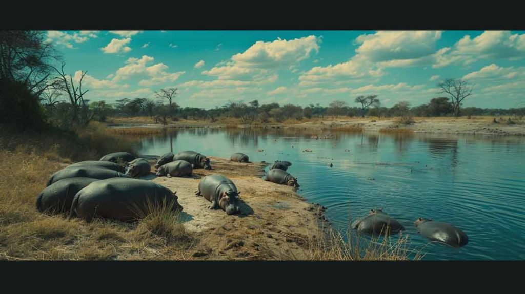 A bloat of hippo on the river bank