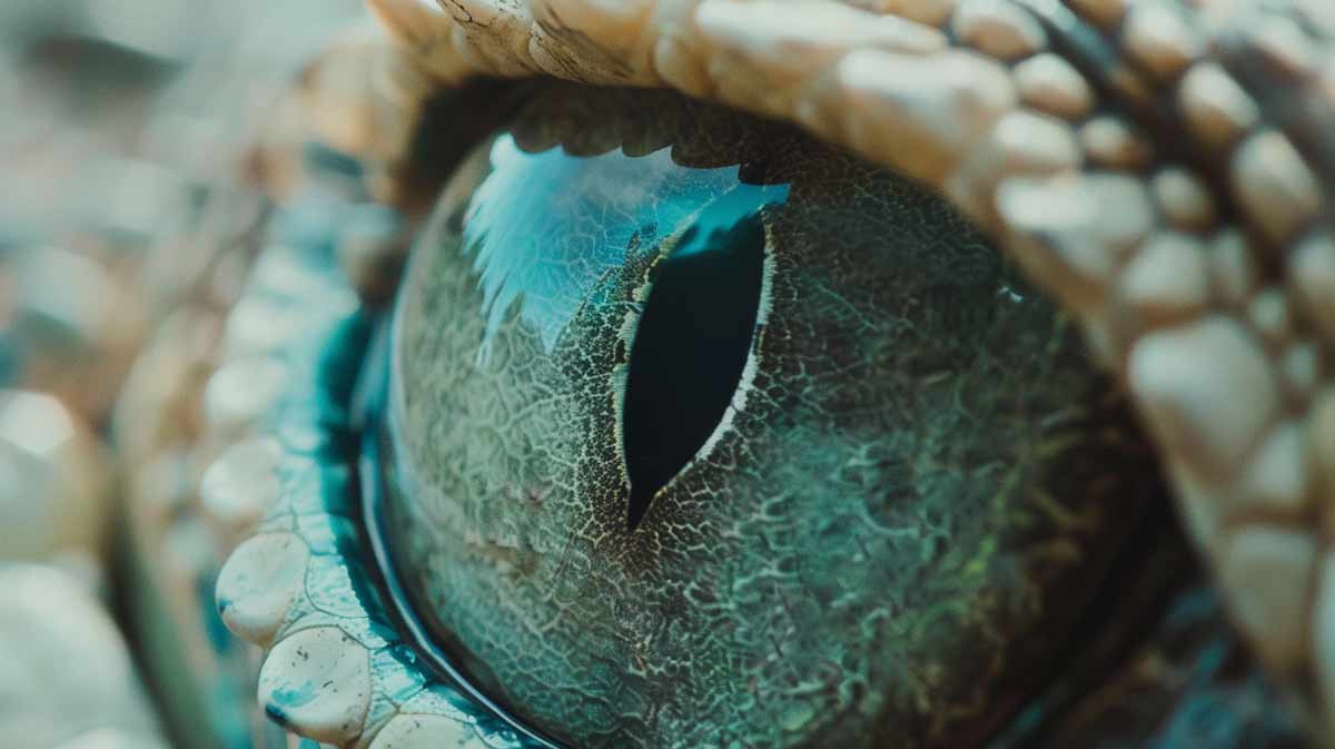 A close-up of a crocodile's eye