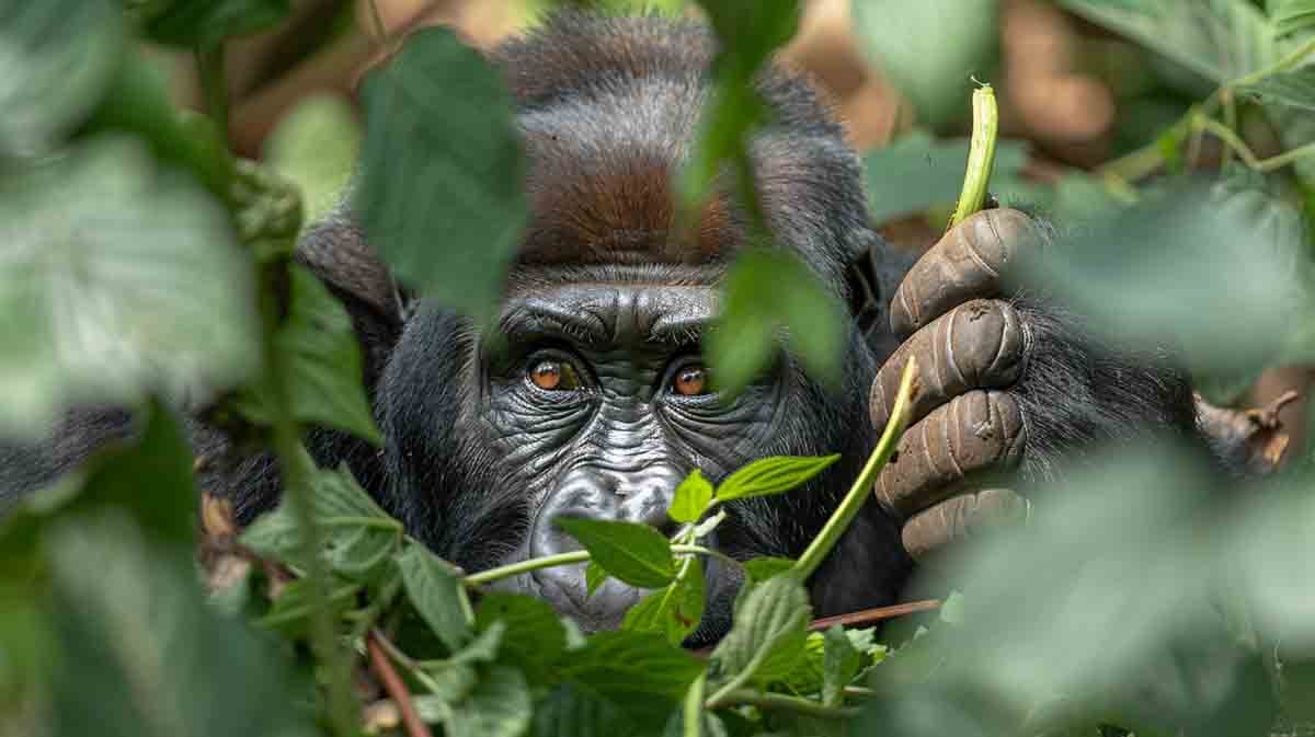 Gorilla eating leaves and stems