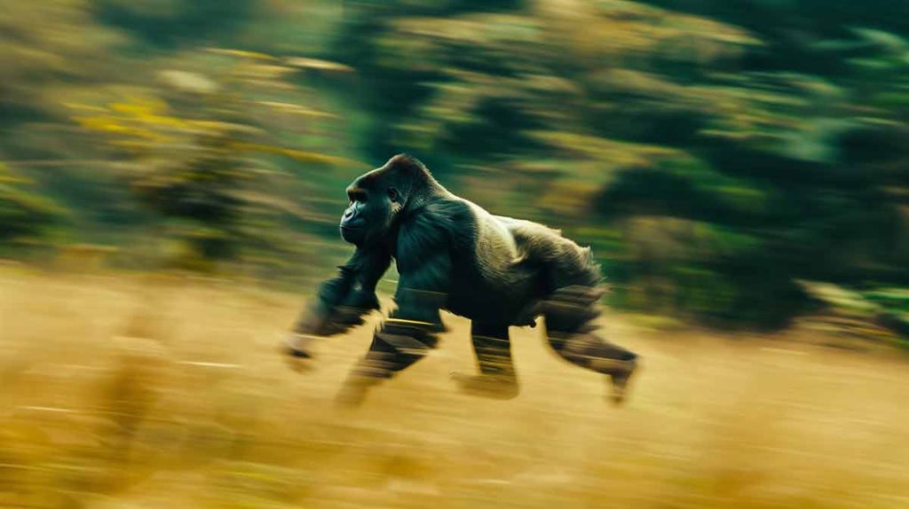 A gorilla running next to the forest