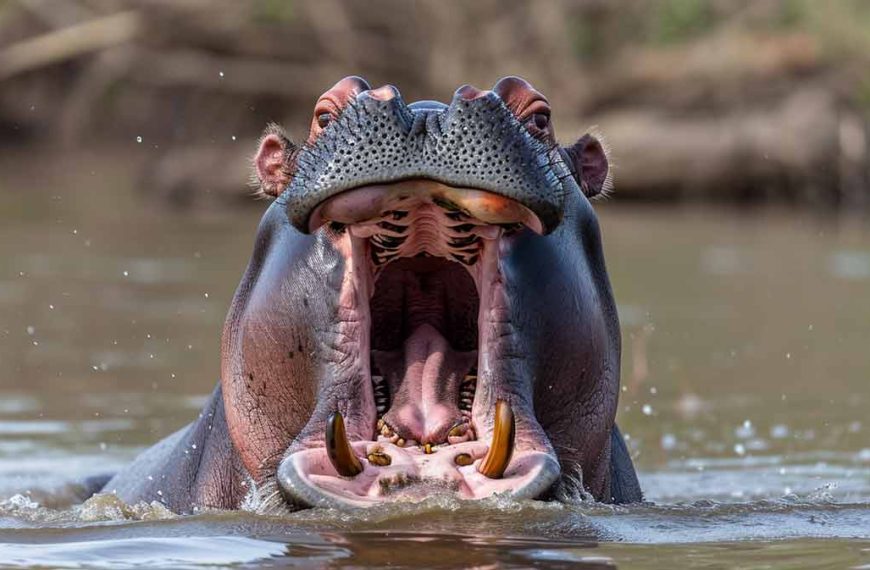 A hippos yawning in the water