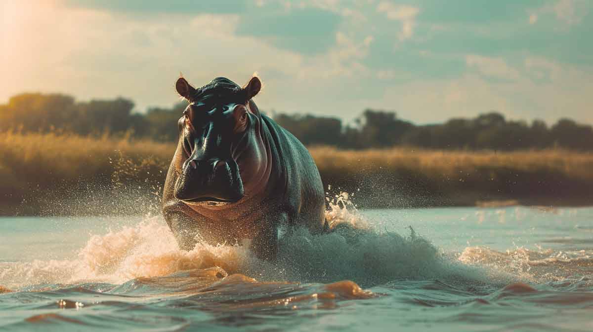 A charging hippo coming out of the water