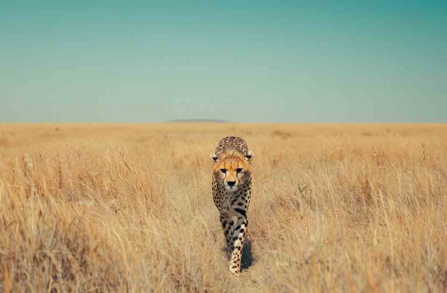 King Cheetah walking through Zimbabwe savannah