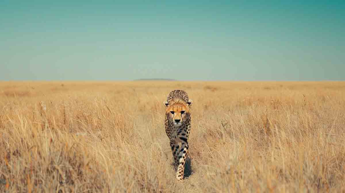 King Cheetah walking through Zimbabwe savannah