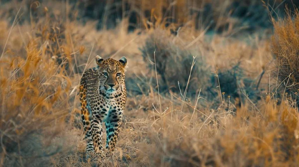 A leopard stalking in the savannah
