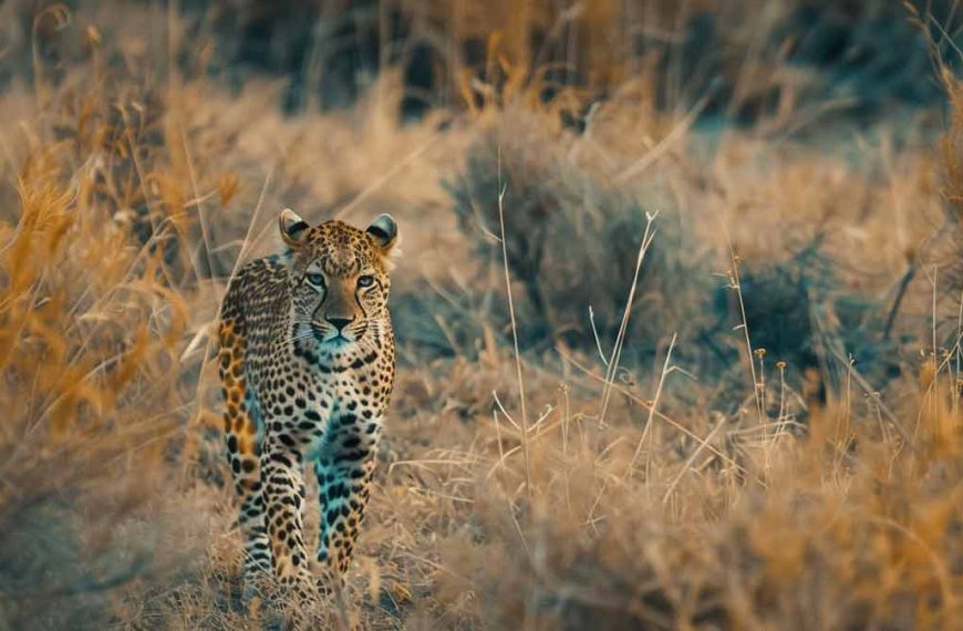 A leopard stalking in the savannah