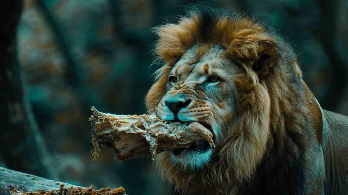 A lion eating a bone