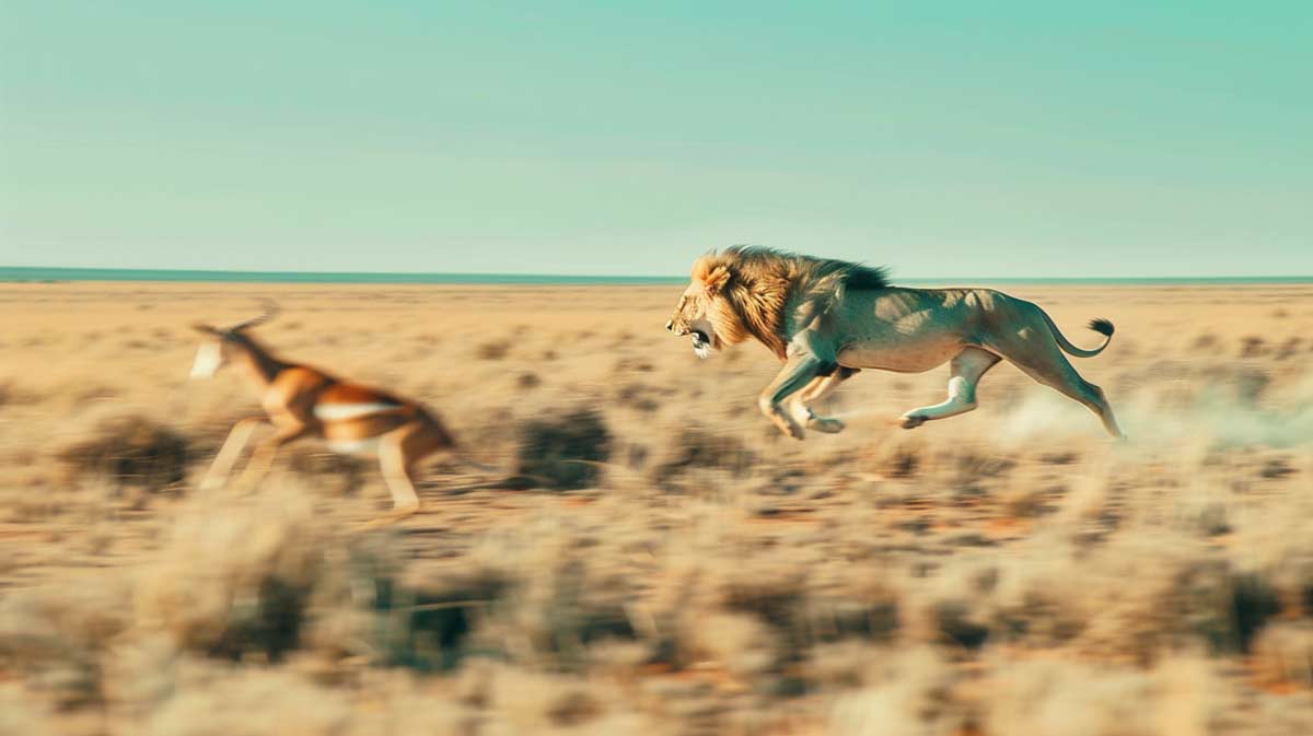 A Lion chasing a Springbok