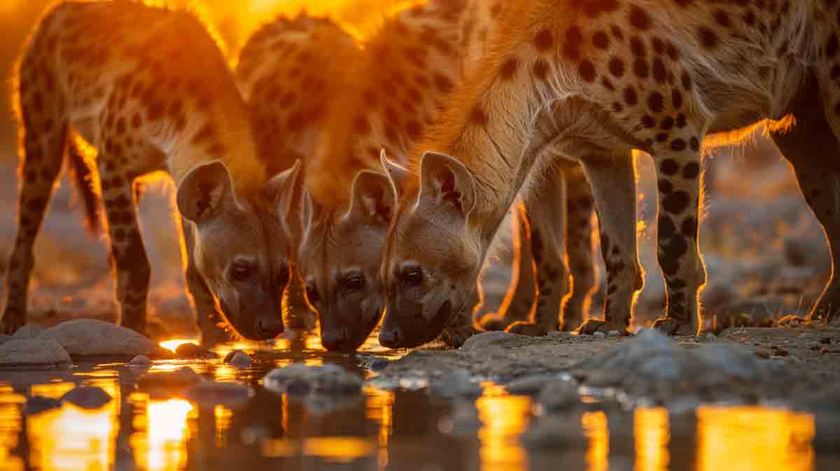 Spotted hyenas drinking