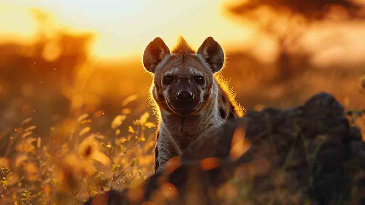 Spotted hyena young at sunrise