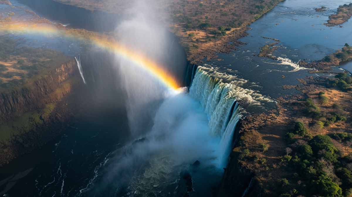A rainbow over the Victoria Falls