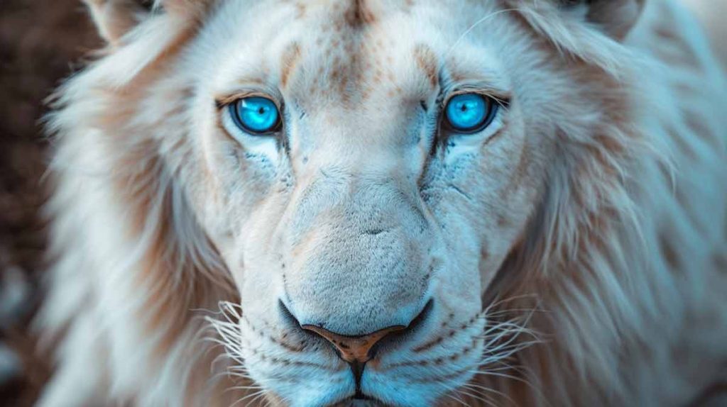 A white lion with piercing blue eyes