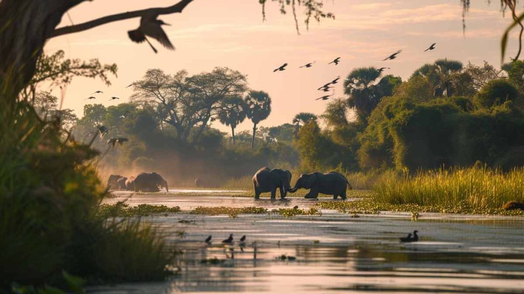Animals drink in the shallows of the Zambezi River